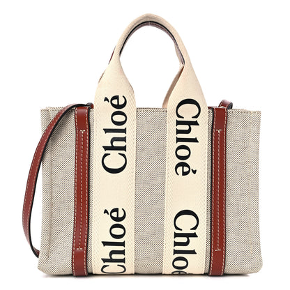 Chloe Cotton Calfskin Small Woody Ribbon Tote With Strap White Brown 1 of 8