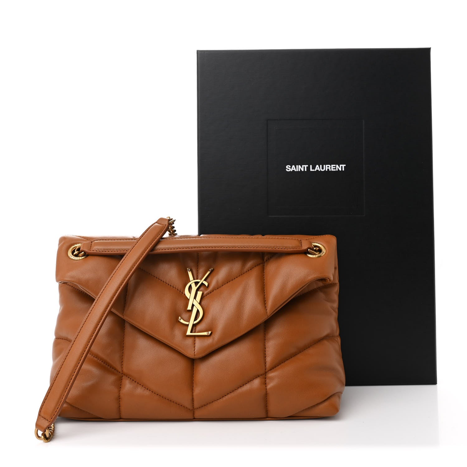 Saint Laurent Lambskin Quilted Small Loulou Puffer Monogram Chain Satchel Dark Honey 11 of 11