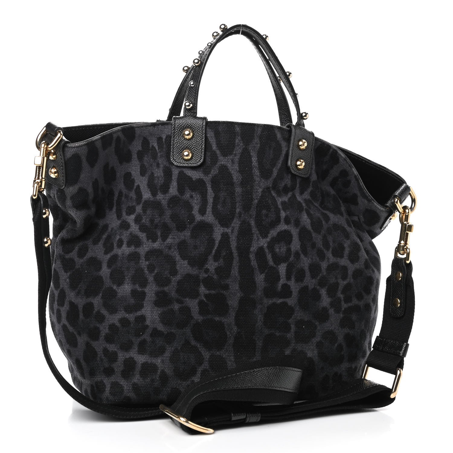 Dolce & Gabbana Canvas Dauphine Leopard Print Studded Beatrice Love Tote Black 2 of 7
