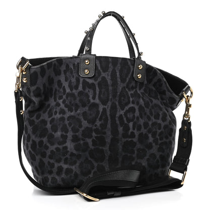 Dolce & Gabbana Canvas Dauphine Leopard Print Studded Beatrice Love Tote Black 2 of 7