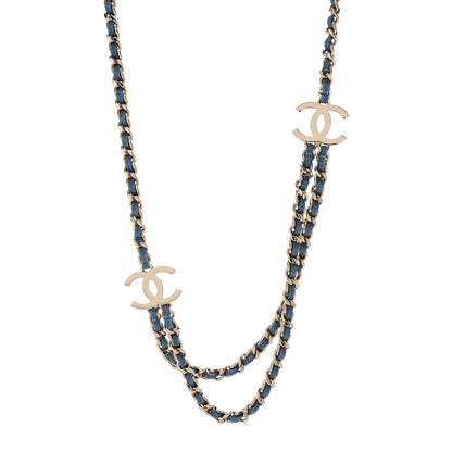 Chanel Metal Denim CC Double Chain Long Necklace Blue Gold 1 of 7