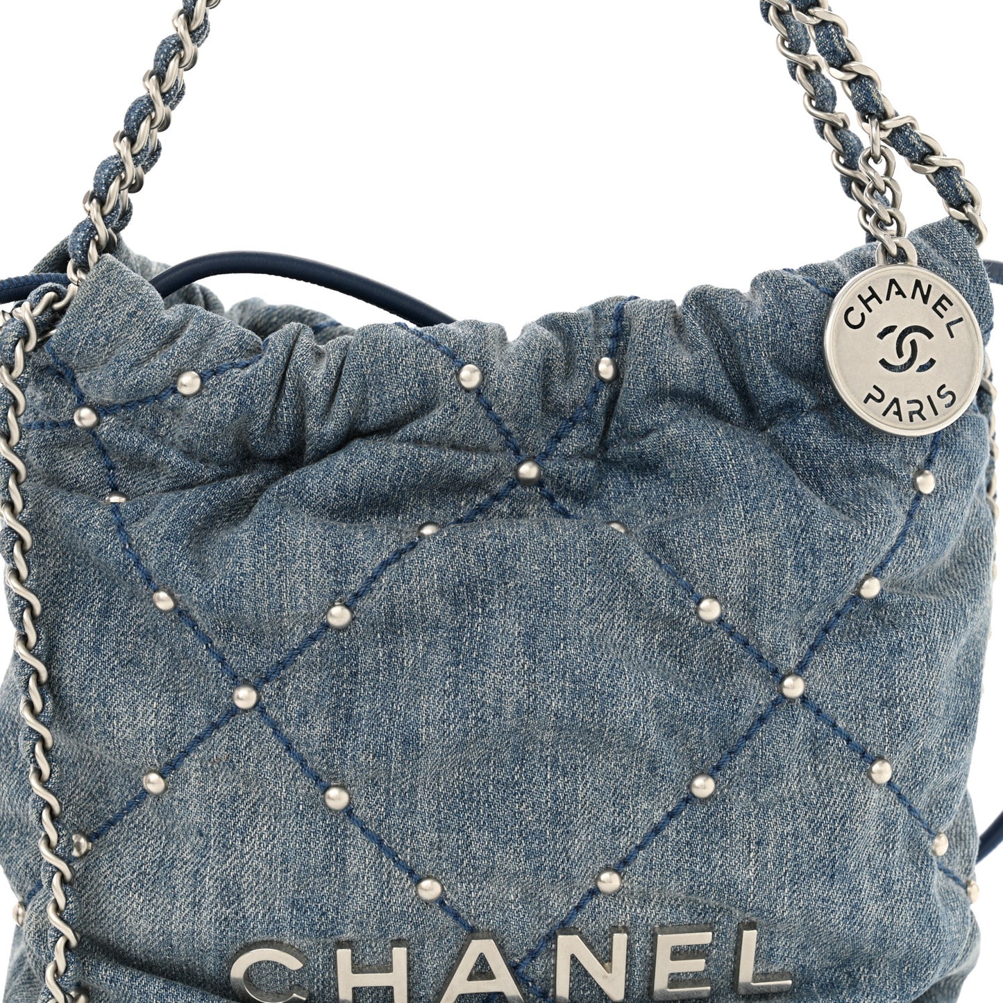 Washed Denim Quilted Studded Mini Chanel 22 Blue