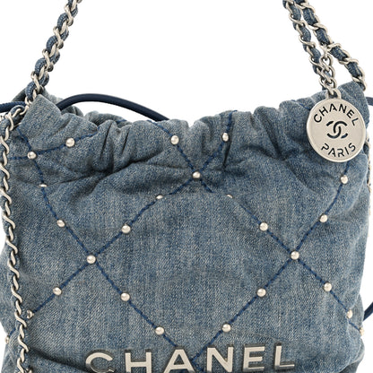 Chanel Washed Denim Quilted Studded Mini Chanel 22 Blue 8 of 10