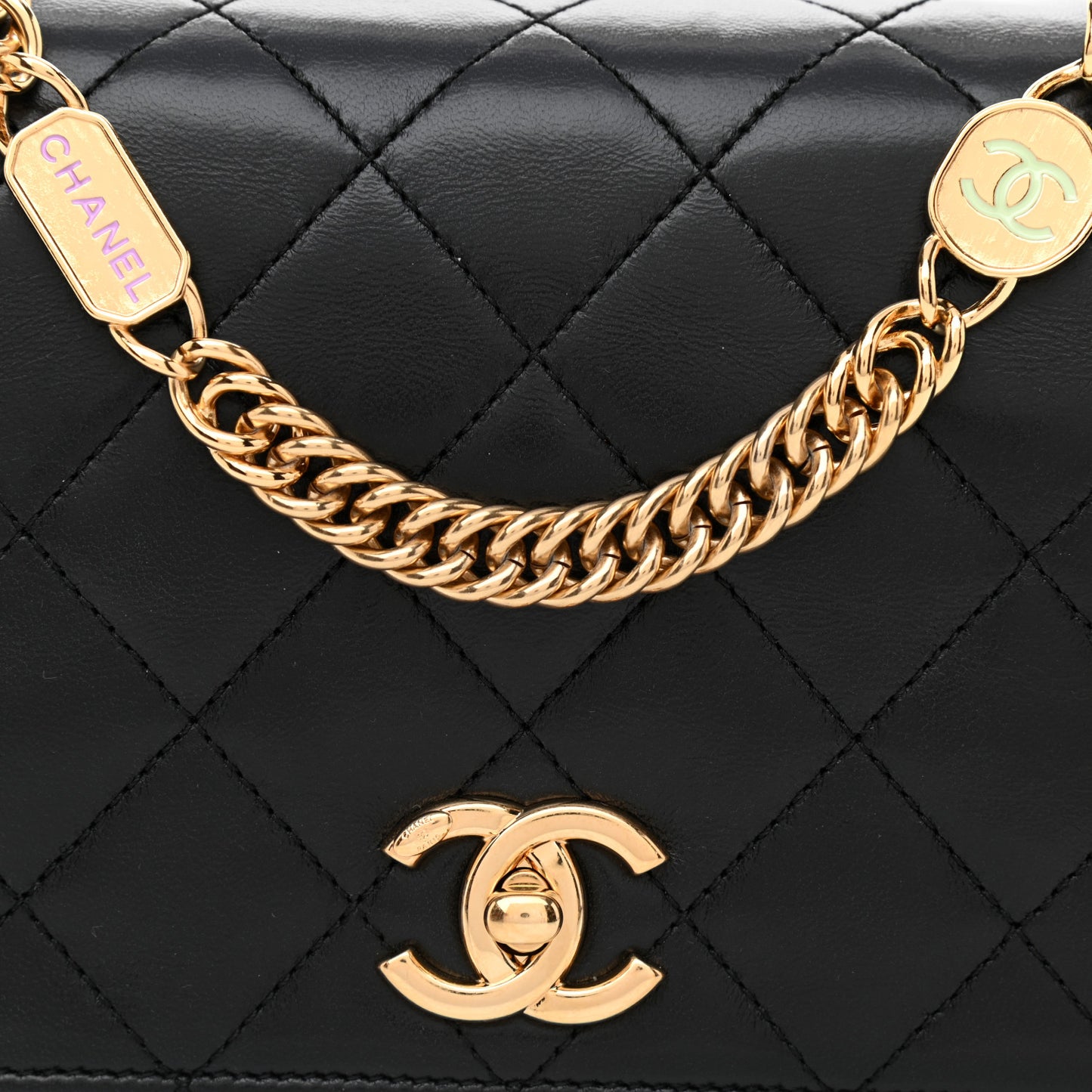 Lambskin Enamel Quilted Logo Flap Black