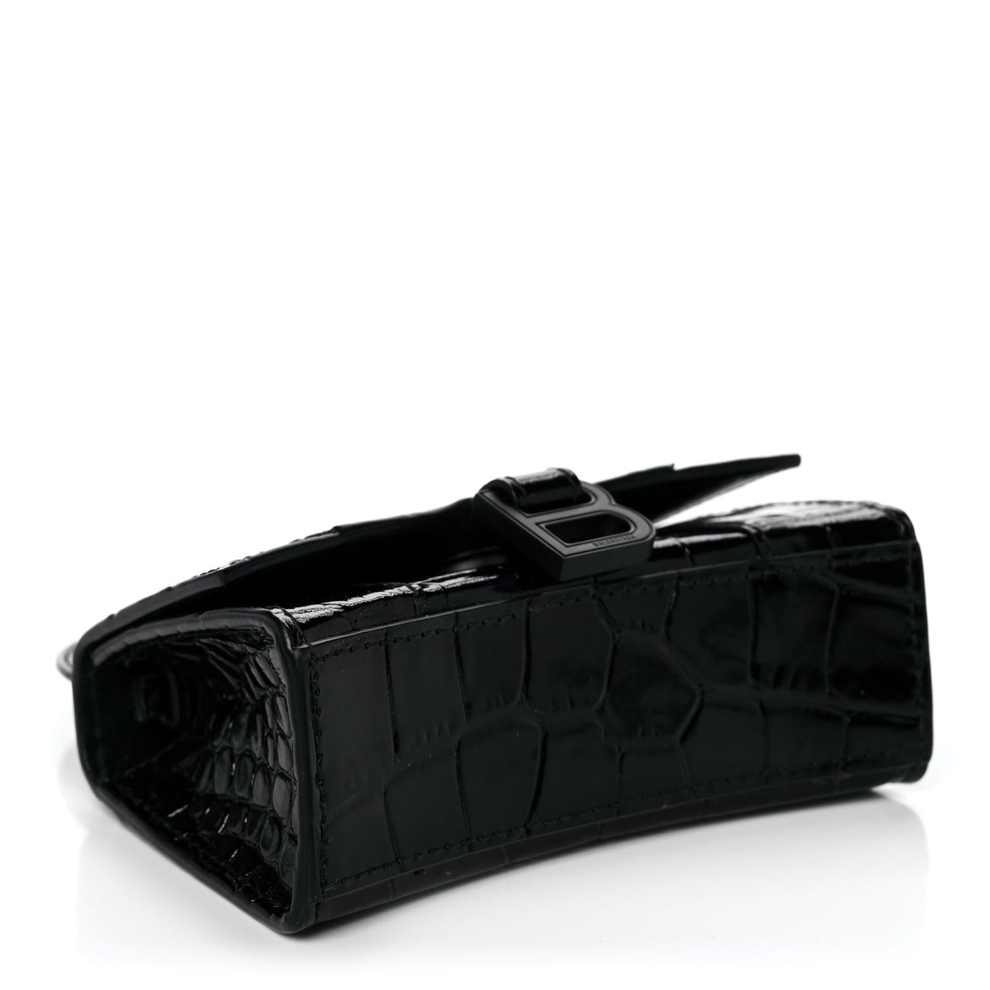 Shiny Calfskin Monochrome Crocodile Embossed Hourglass Top Handle Bag Mini Black