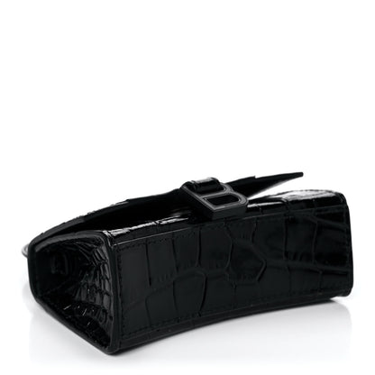 Balenciaga Shiny Calfskin Monochrome Crocodile Embossed Hourglass Top Handle Bag Mini Black 4 of 9