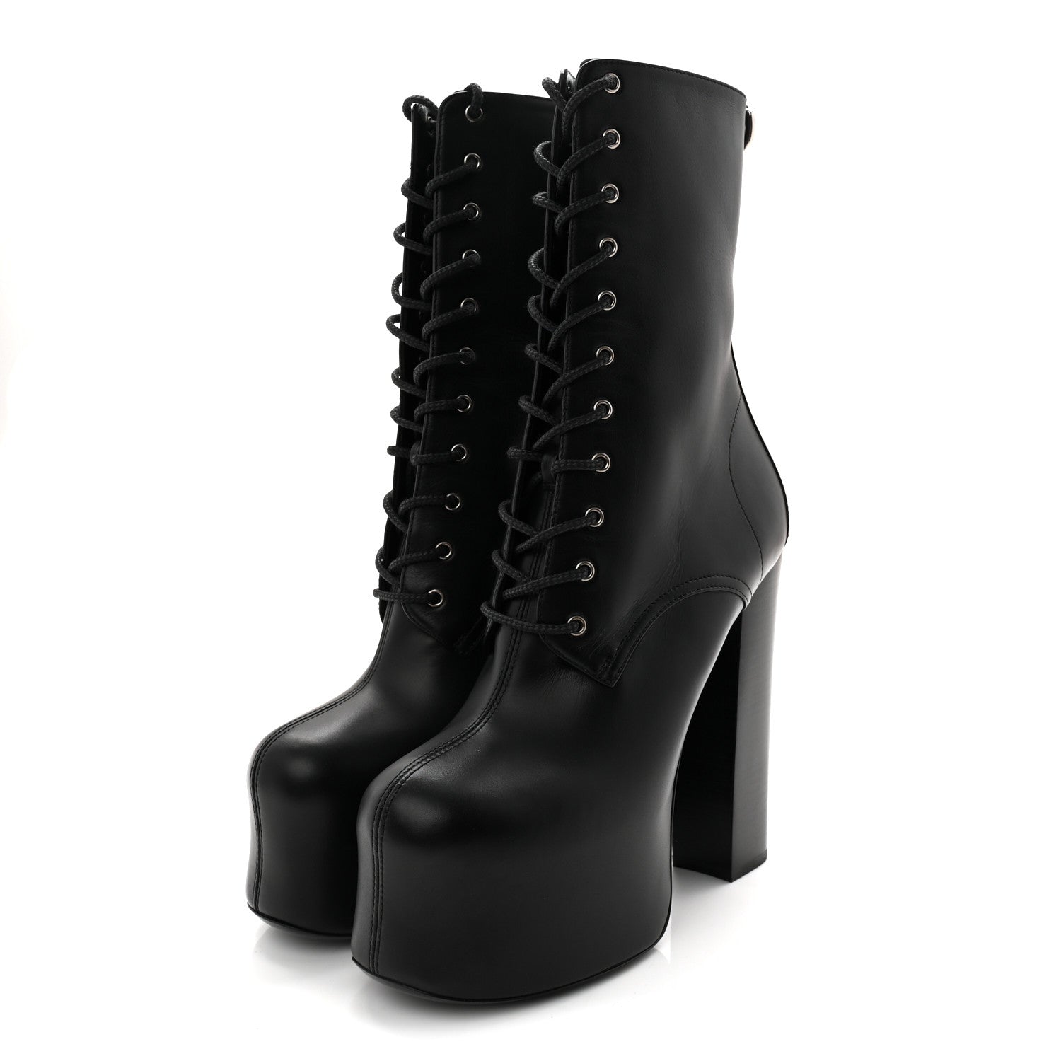 Saint Laurent Calfskin Mina Lace Up Platform Boots 38.5 Black 3 of 9