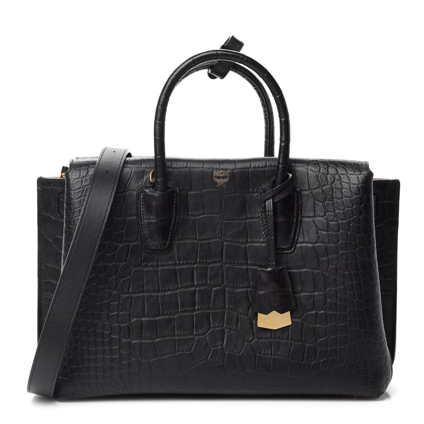Calfskin Crocodile Embossed Medium Milla Tote Black