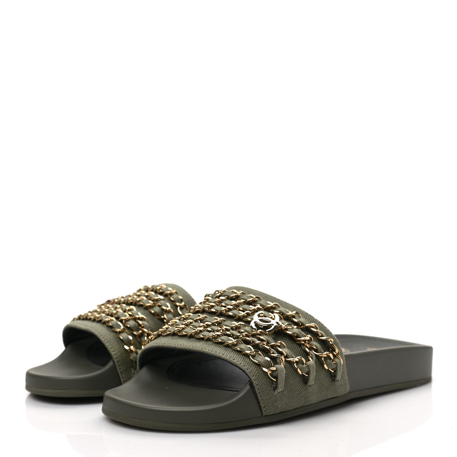 Chanel Canvas Chain Flat Sandals 38 Khaki 3 of 7