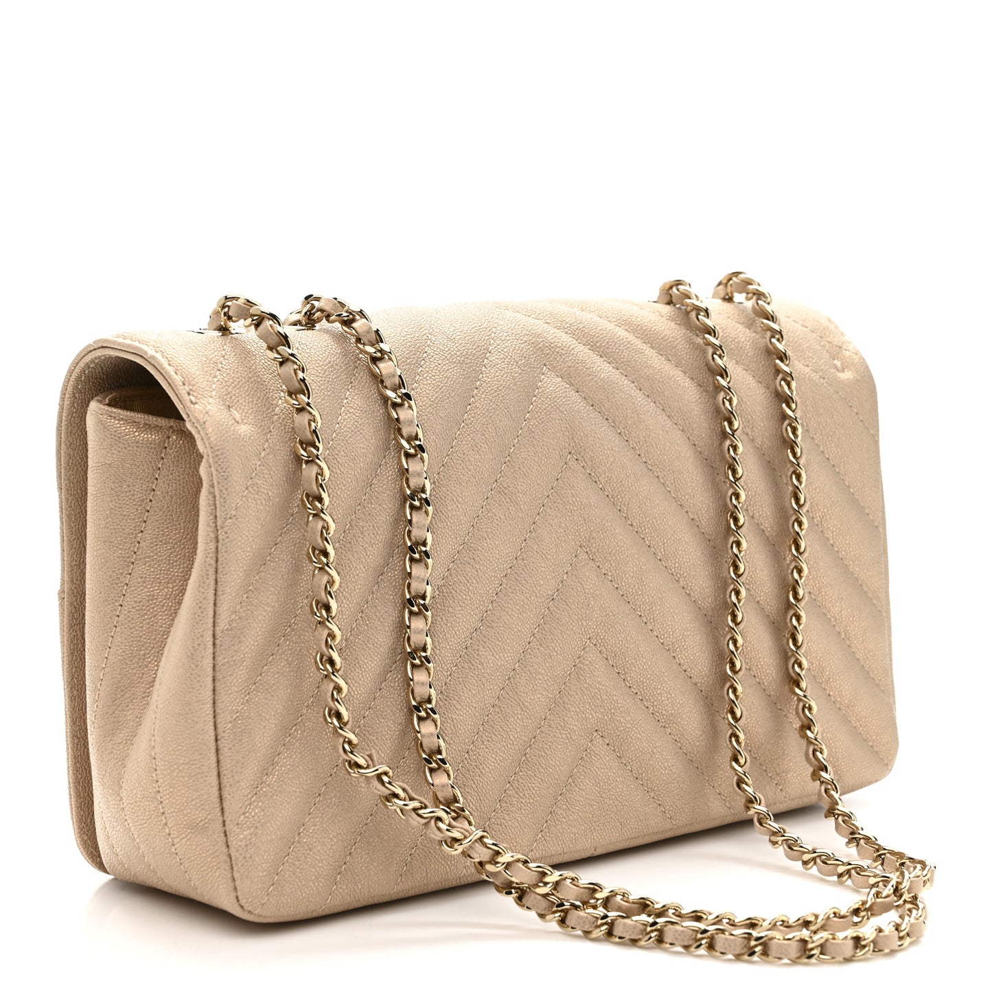 Metallic Caviar Chevron Quilted Medium Statement Flap Beige