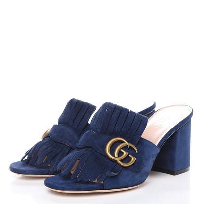Gucci Kid Scamosciato GG Marmont Fringe 75mm Slide Sandals 38.5 Blue Ink 3 of 7