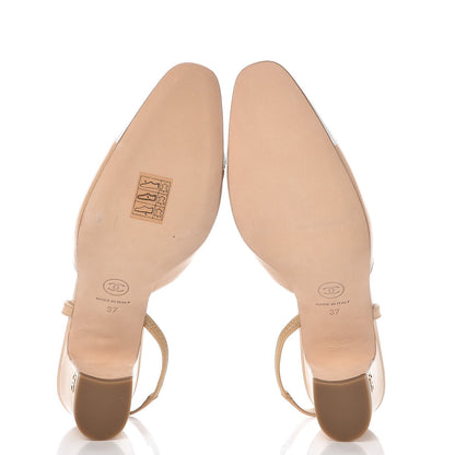Chanel Lambskin Patent Cap Toe CC Slingback Sandals 37 Beige White 5 of 9