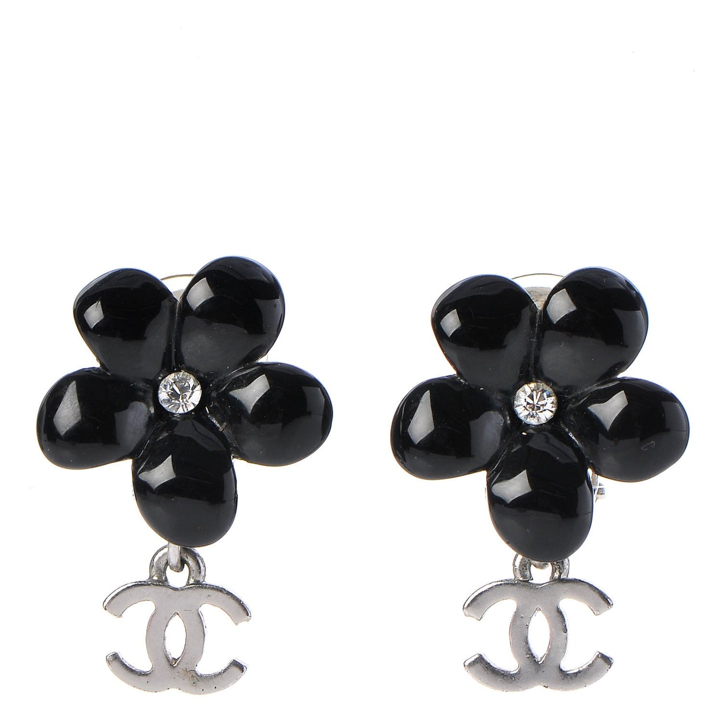 Enamel Crystal CC Camellia Drop Clip On Earrings Black