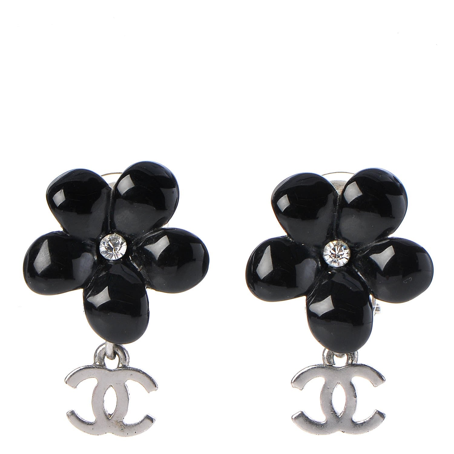 Chanel Enamel Crystal CC Camellia Drop Clip On Earrings Black 1 of 5