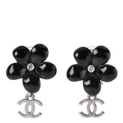 Chanel Enamel Crystal CC Camellia Drop Clip On Earrings Black 1 of 5
