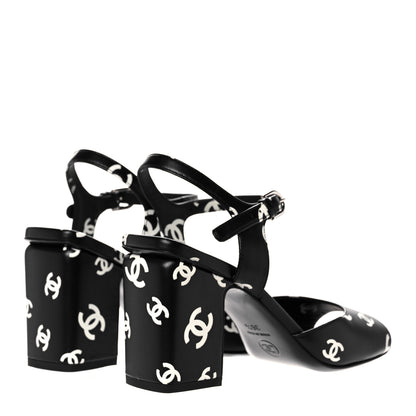 Chanel Printed Lambskin CC Sandals 36.5 Black White 4 of 9