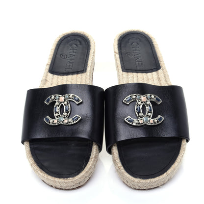 Chanel Calfskin Gripoix CC Espadrille Slip On Sandals 37 Black 10 of 12