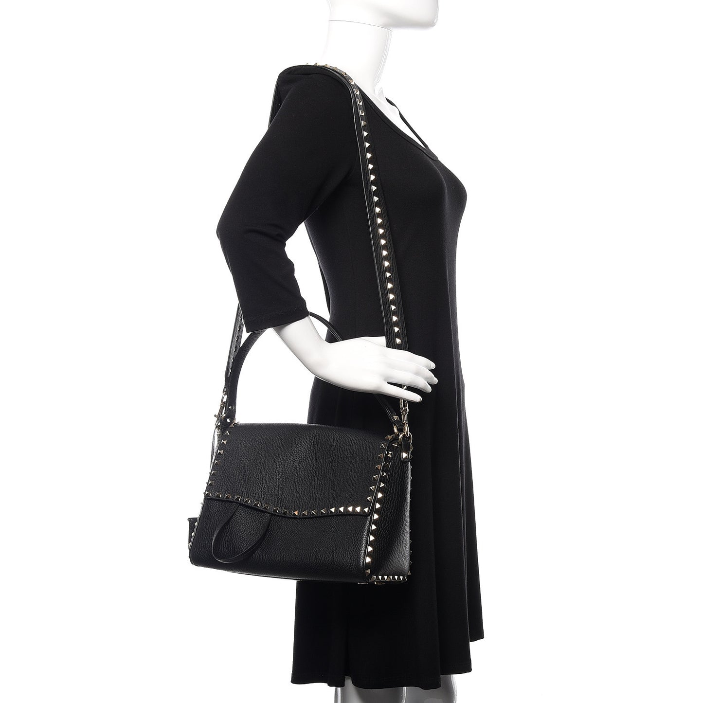Pebbled Calfskin Rockstud Top Handle Shoulder Bag Black