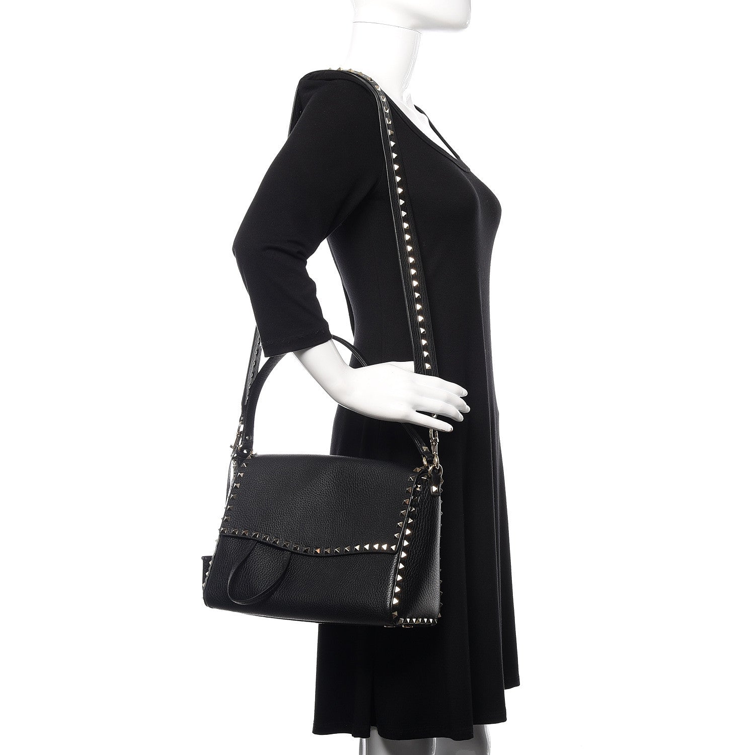 Valentino Garavani Pebbled Calfskin Rockstud Top Handle Shoulder Bag Black 2 of 9