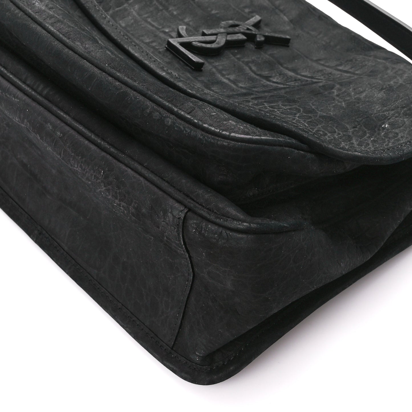 Nubuck Crocodile Embossed Monogram Medium Niki Chain Satchel Black