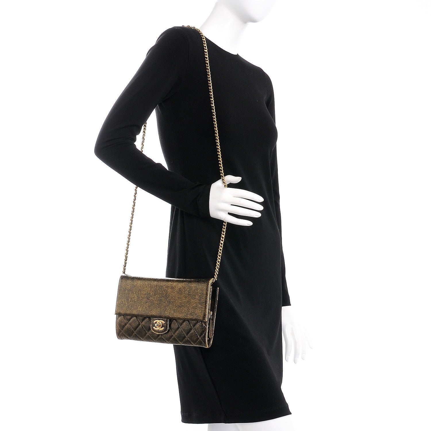 Chanel Cracked Metallic Calfskin Quilted Zip Away Chain Clutch Gold 2 of 8