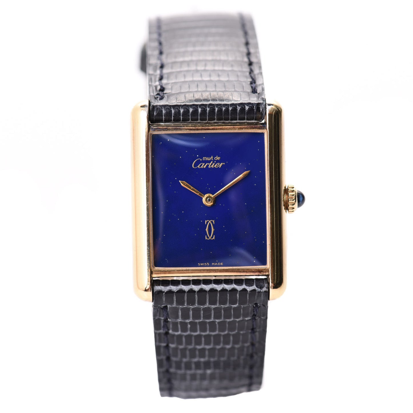 Sterling Silver Vermeil Lizard 23mm Must de Cartier Tank Manual Winding Watch Blue