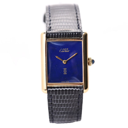 Cartier Sterling Silver Vermeil Lizard 23mm Must de Cartier Tank Manual Winding Watch Blue 1 of 6