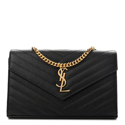 Saint Laurent Grain De Poudre Matelasse Chevron Monogram Chain Wallet Black 1 of 8