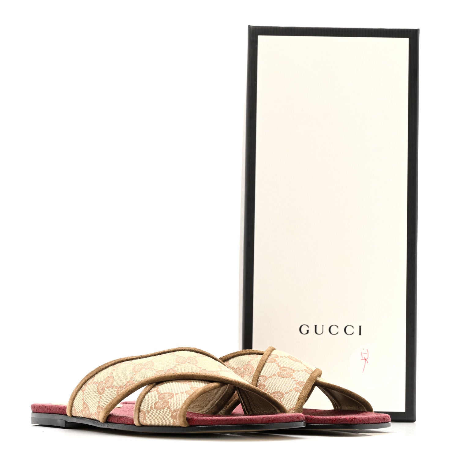Gucci GG Monogram Suede Womens Criss Cross Slide Sandals 37 Beige