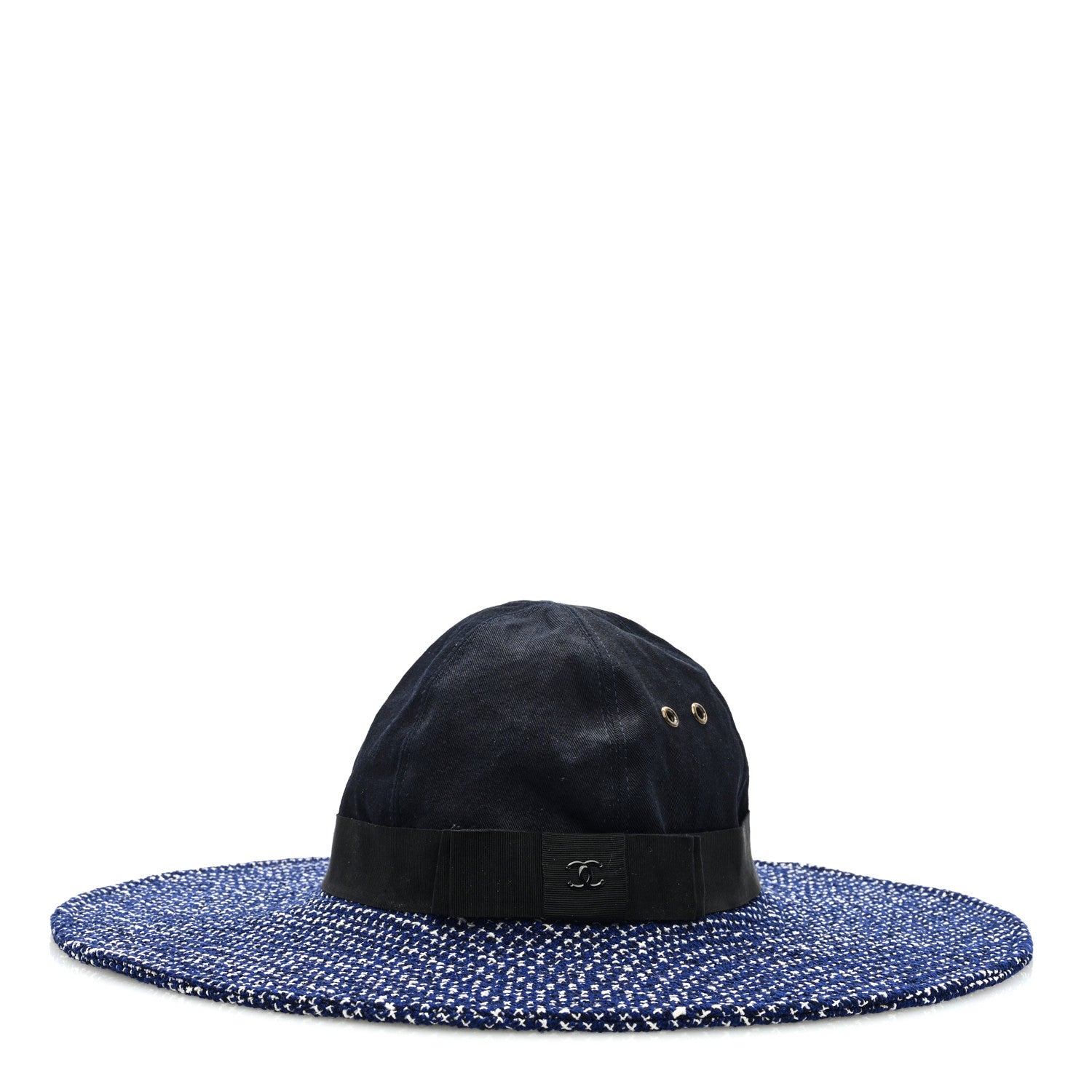 Chanel Tweed Cotton Wide Brim Hat 56 Navy White Black 1 of 8