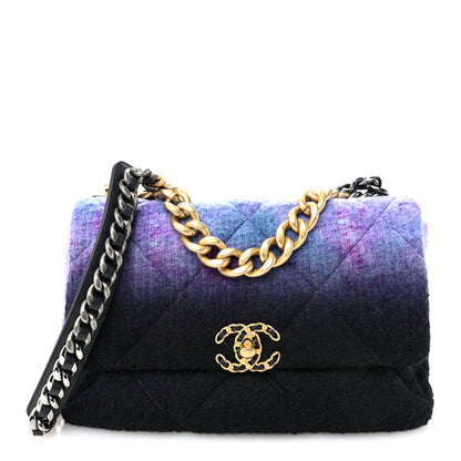 Chanel Wool Tweed Quilted Large Chanel 19 Flap Purple Black Blue 1 of 11