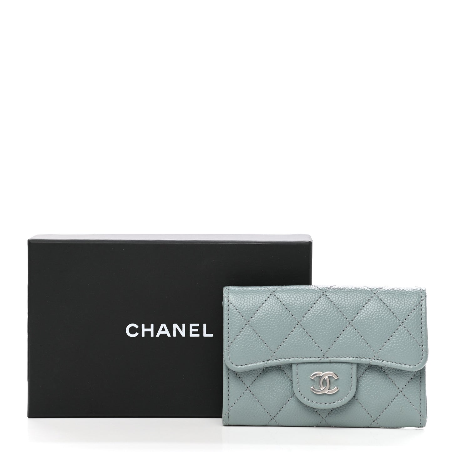 Caviar Quilted Flap Card Holder Wallet Light Blue
