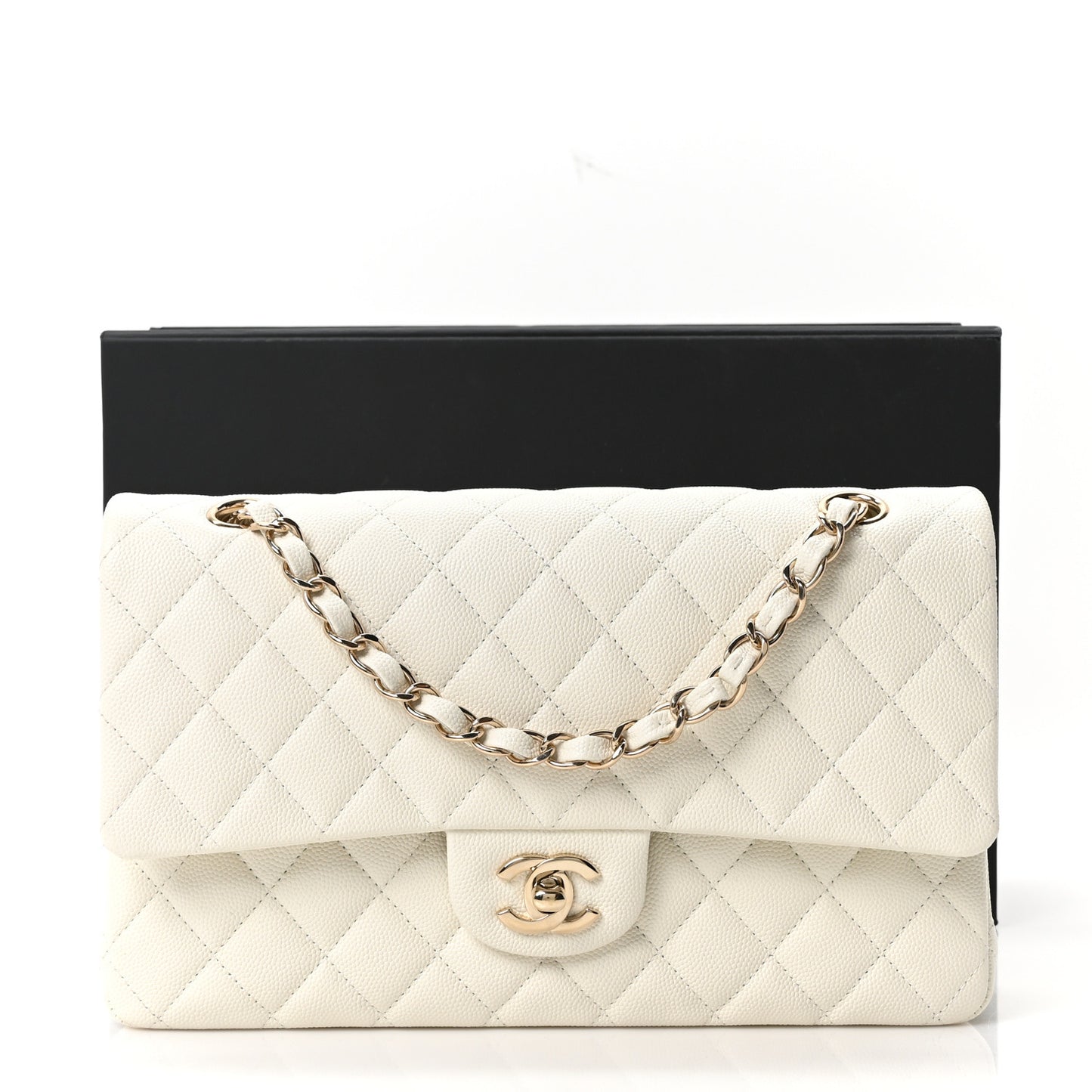 Caviar Quilted Medium Double Flap White
