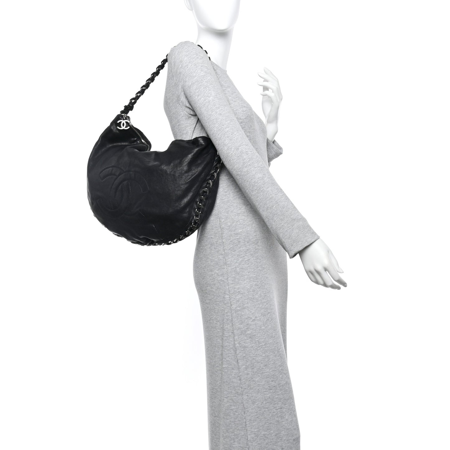 Calfskin Modern Chain Rhodoid Hobo Black