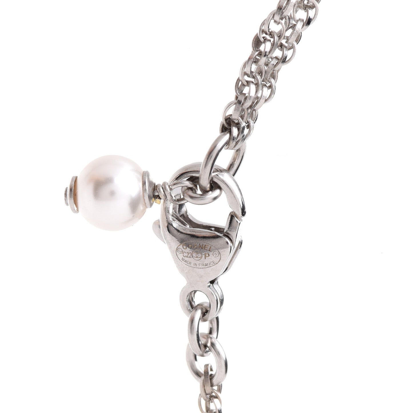 Pearl Crystal CC Pendant Necklace Silver
