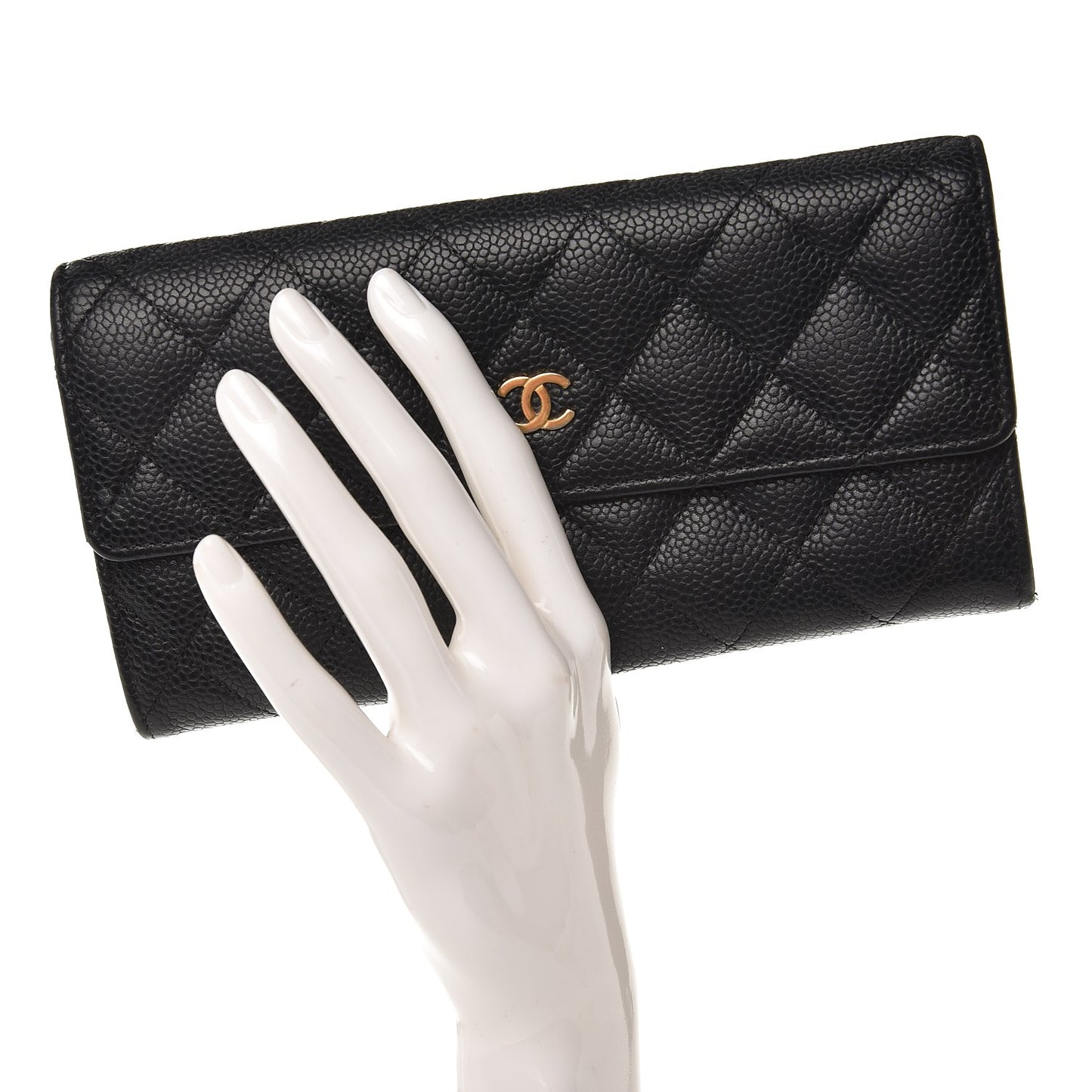 Caviar Quilted Large Gusset Flap Wallet Black
