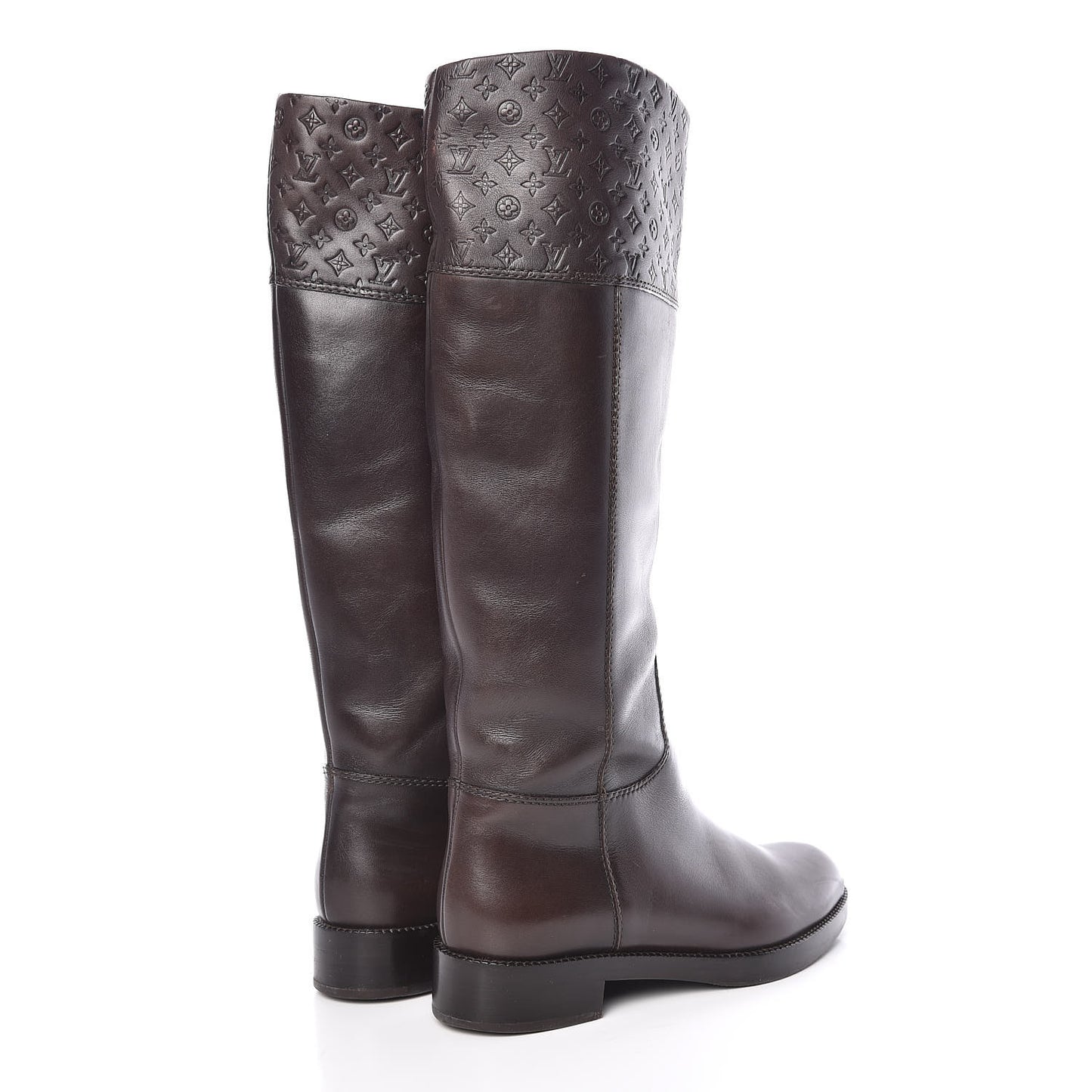 Calfskin Embossed Monogram Knee High Riding Boots 37 Brown