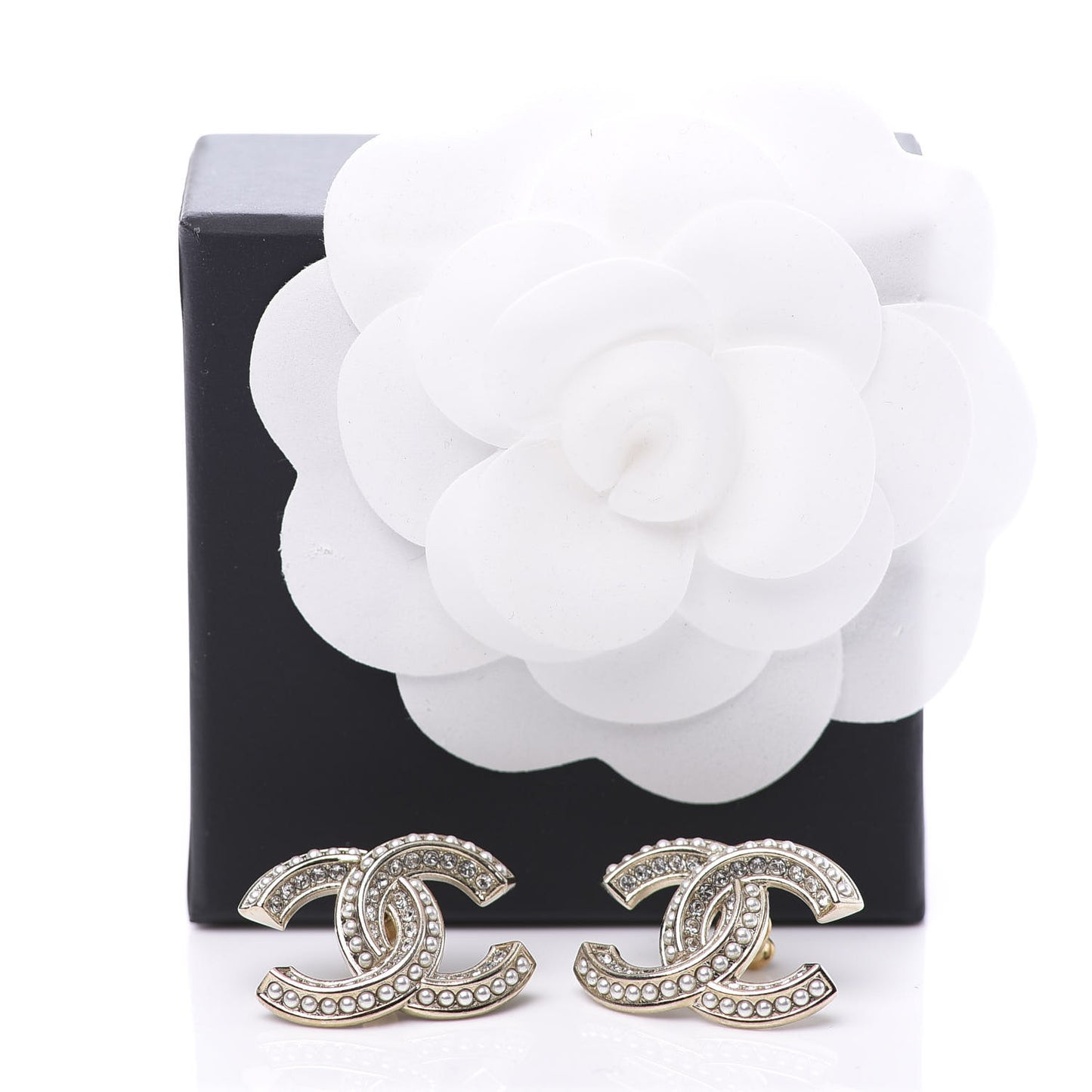 Crystal Pearl Chain Mania CC Earrings Gold