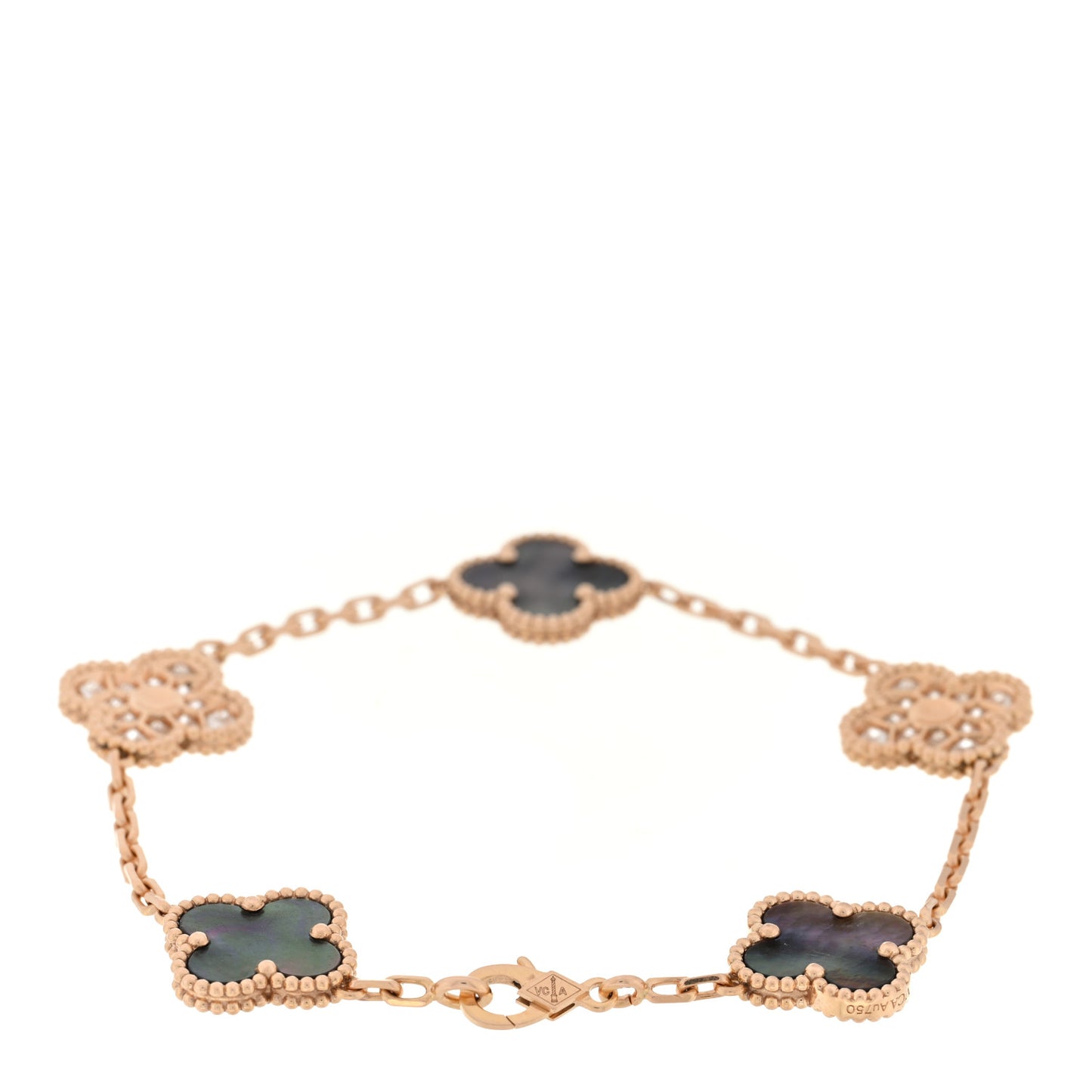 18K Rose Gold Diamond Gray Mother of Pearl 5 Motifs Vintage Alhambra Bracelet