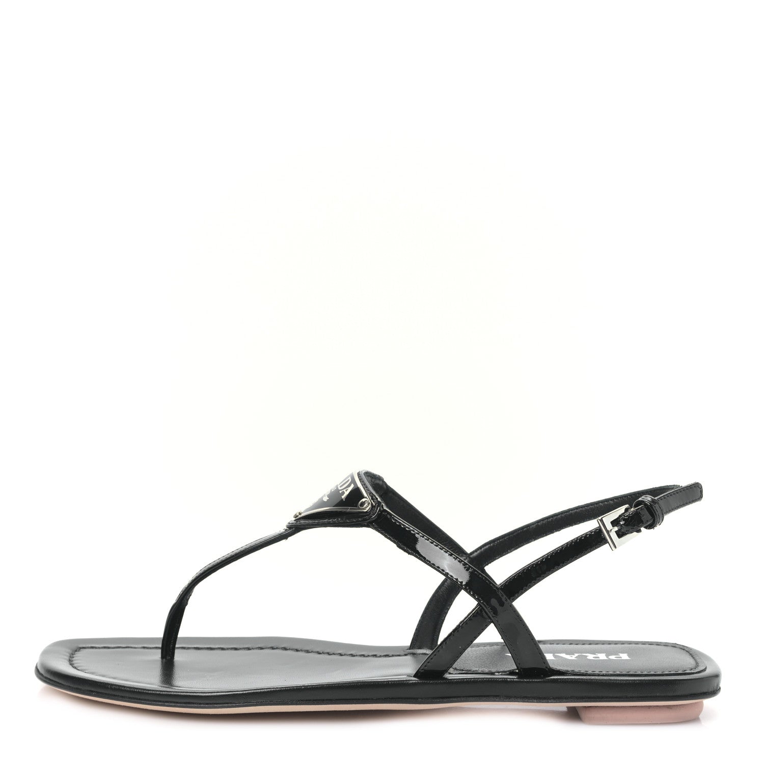 Prada Vernice Metal Triangle Logo Slingback Flat Thong Sandals 38.5 Black 1 of 7