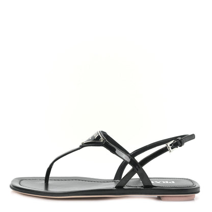 Prada Vernice Metal Triangle Logo Slingback Flat Thong Sandals 38.5 Black 1 of 7