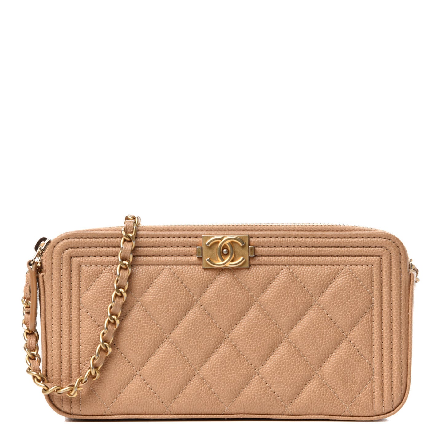 Caviar Quilted Small Boy Clutch With Chain Beige