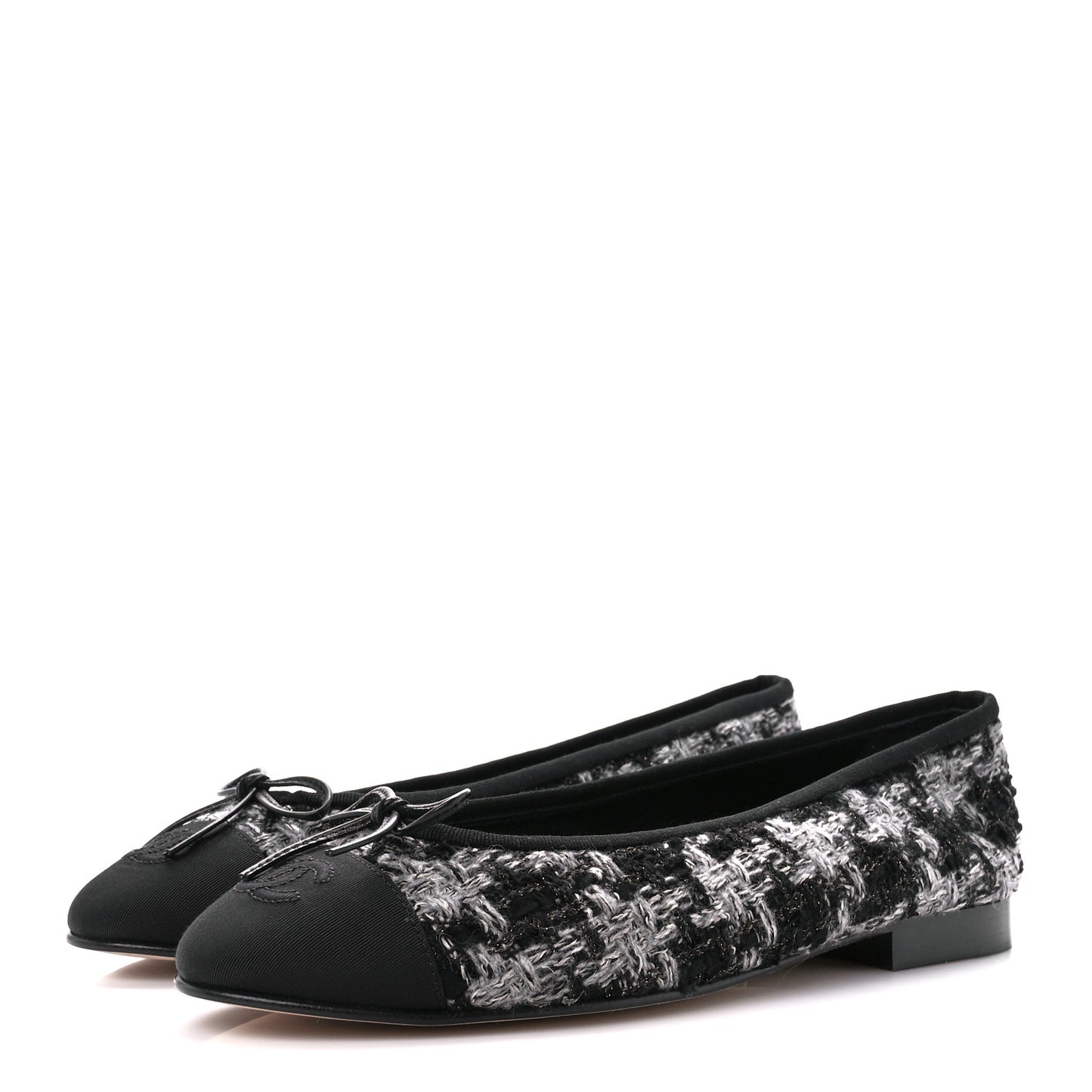 Tweed Grosgrain Cap Toe Ballerina Flats 38.5 Black White