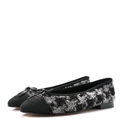 Chanel Tweed Grosgrain Cap Toe Ballerina Flats 38.5 Black White 3 of 8