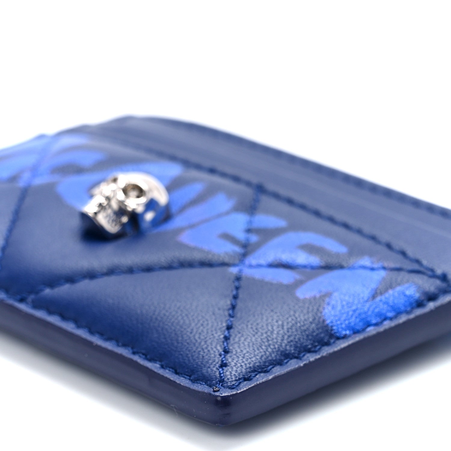Alexander McQueen Lambskin Quilted Graffiti Skull Card Holder Blue 11 of 12