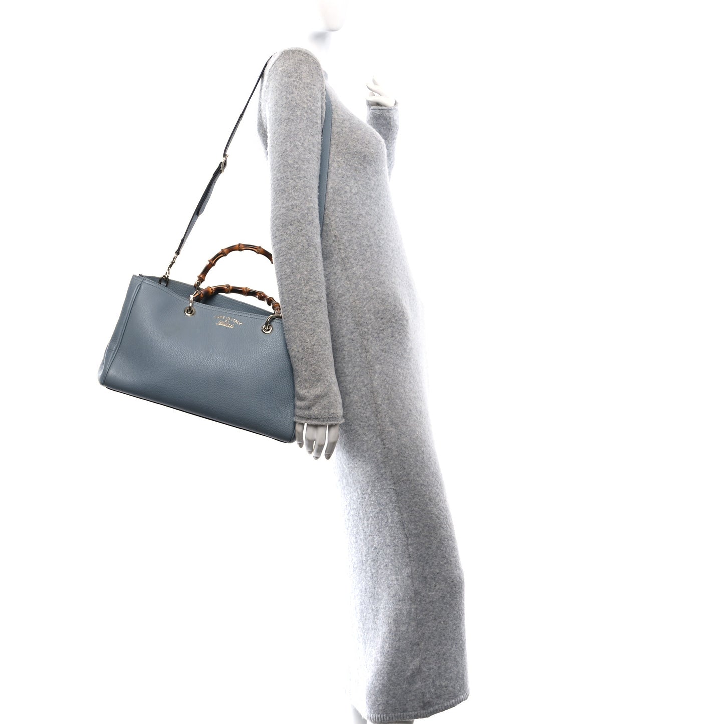 Pebbled Calfskin Medium Bamboo Shopper Tote Light Blue