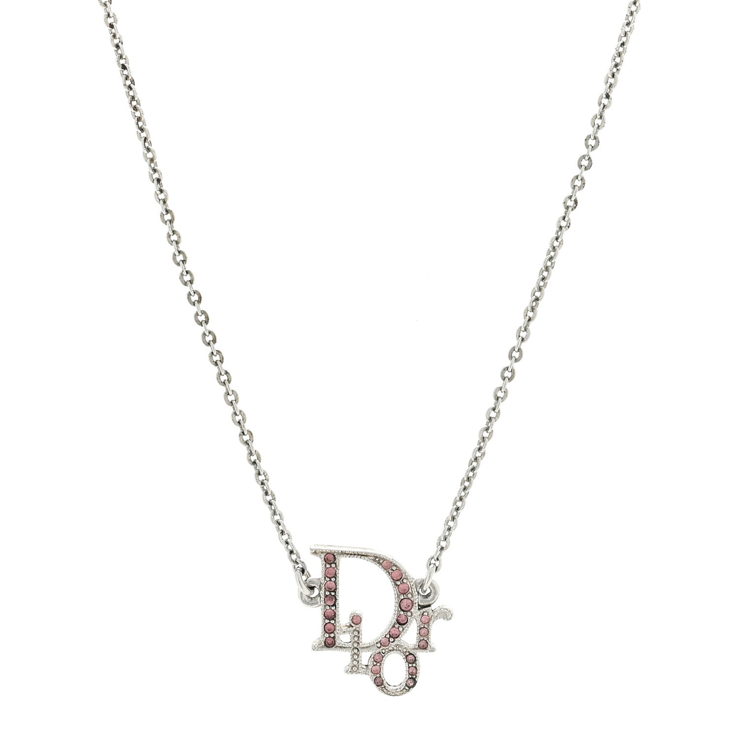 Christian Dior Metal Crystal Logo Choker Necklace Silver Pink 1 of 4