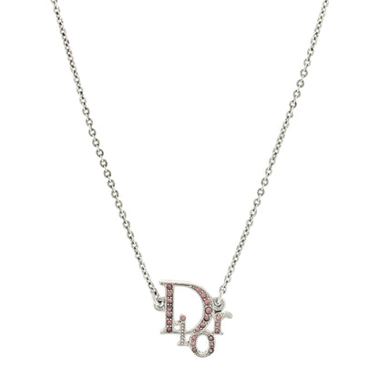 Christian Dior Metal Crystal Logo Choker Necklace Silver Pink 1 of 4
