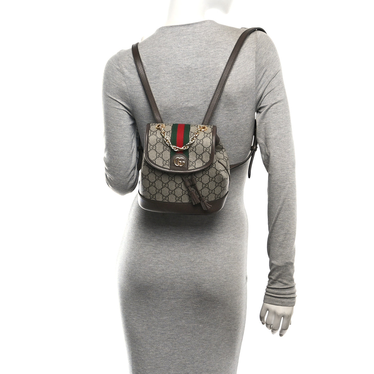 GG Supreme Monogram Textured Dollar Calfskin Web Mini Ophidia Chain Drawstring Backpack Beige Brown