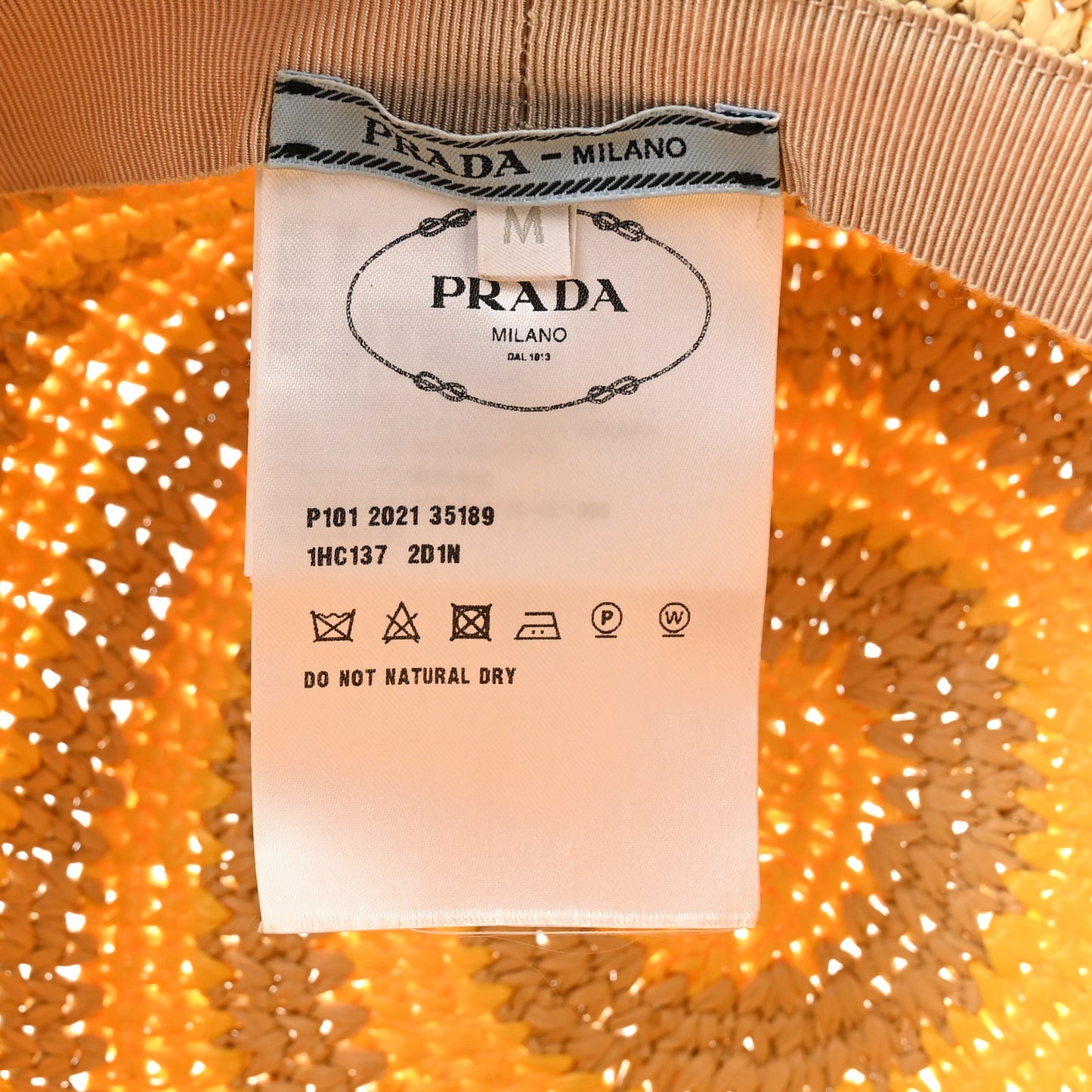 Raffia Striped Logo Embroidered Womens Bucket Hat M Naturale Giallo